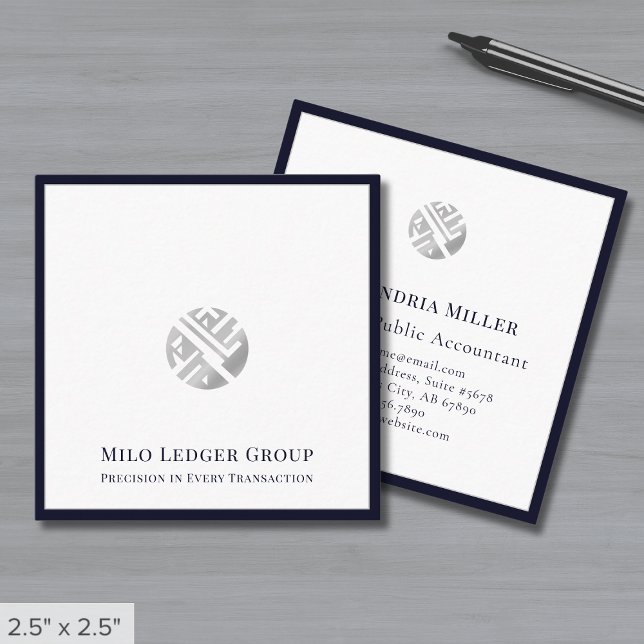 Stylish Silver Logo Navy Blue Border Square Business Card (Creator Uploaded)