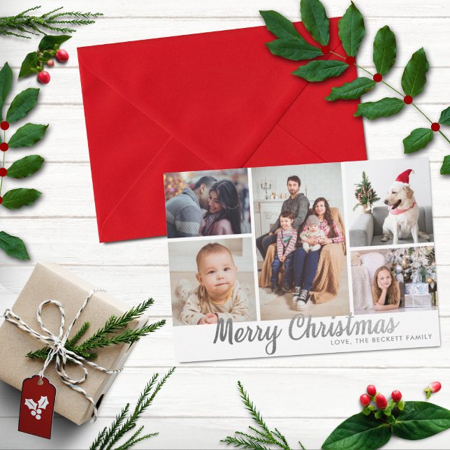 Stylish Silver Merry Christmas 5 Photo Collage Holiday Card (Creator Uploaded)