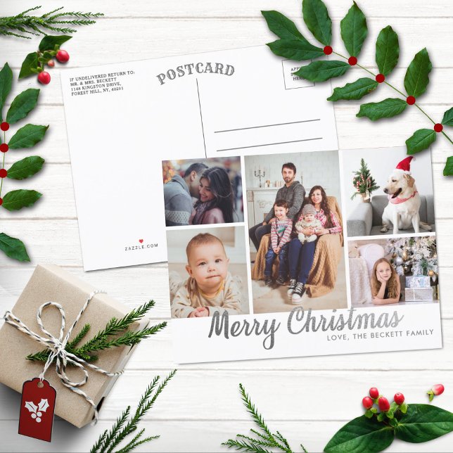 Stylish Silver Merry Christmas 5 Photo Collage Holiday Postcard (Creator Uploaded)