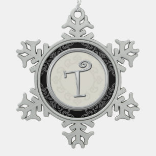 Stylish Silver Monogram T Christmas Snowflake Pewter Christmas Ornament