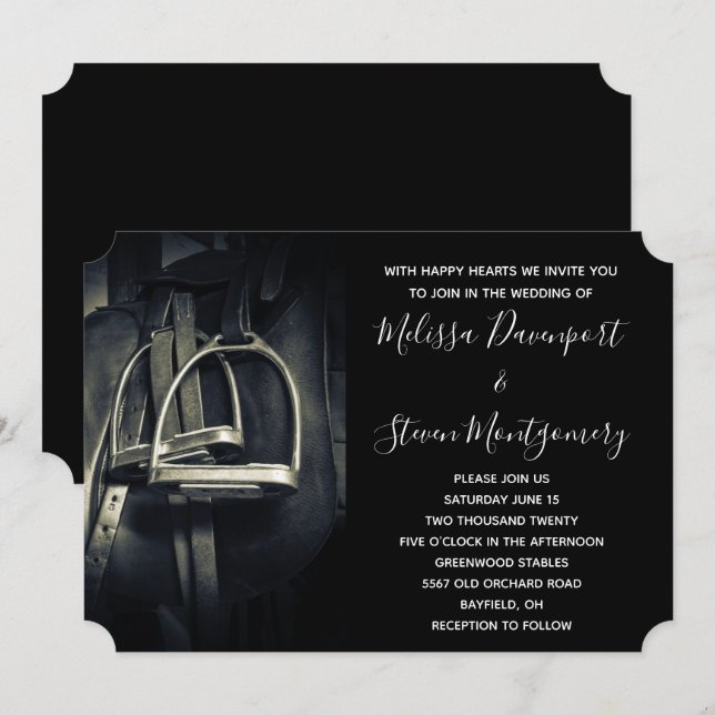 Stylish Silver Stirrups on English Riding Saddle Invitation (Front/Back)