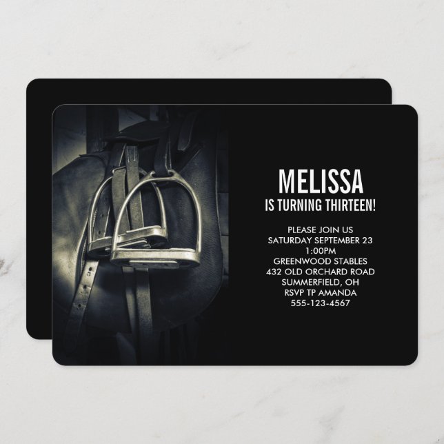 Stylish Silver Stirrups on English Riding Saddle Invitation (Front/Back)