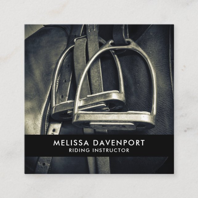 Stylish Silver Stirrups on English Riding Saddle Square Business Card (Front)