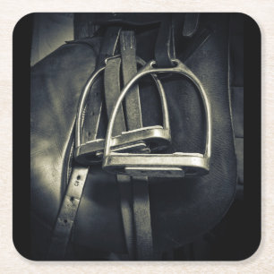 Stylish Silver Stirrups on English Riding Saddle Square Paper Coaster