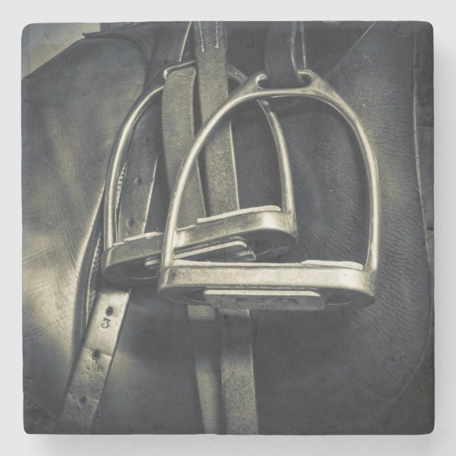 Stylish Silver Stirrups on English Riding Saddle Stone Coaster (Front)