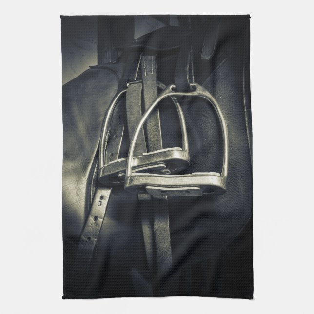 Stylish Silver Stirrups on English Riding Saddle Tea Towel (Vertical)