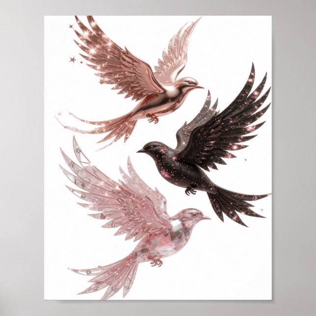 Stylish Silver THREE BLESSED BIRDS Design Poster (Front)