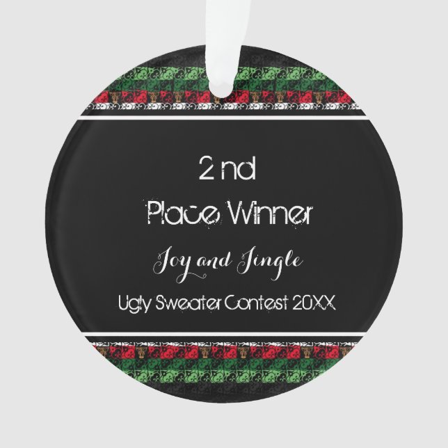 Stylish Silver Ugly Sweater Medallion 2nd Place Ornament (Front)