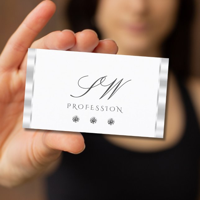 Stylish Silver White Sparkling Diamonds Initials Business Card (Creator Uploaded)