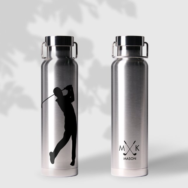 Stylish Silver With Black Modern Golfer Monogram Water Bottle (Creator Uploaded)