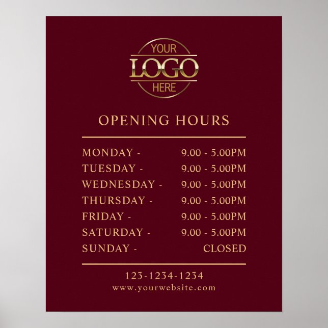 Stylish Simple Burgundy Red Business Opening Hours Poster (Front)