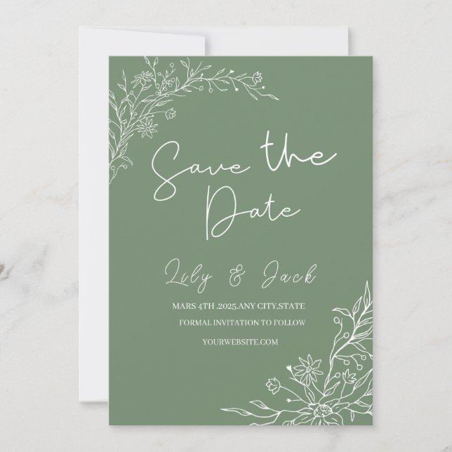 Stylish simple minimal Elegant modern sage green Save The Date (Front)