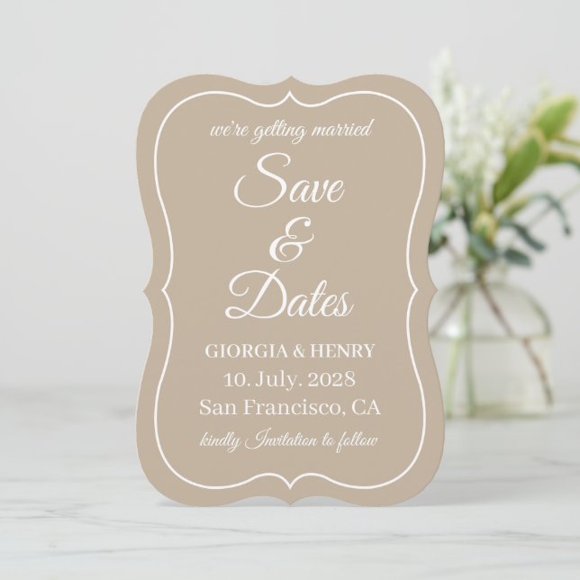 STYLISH SIMPLE MODERN MINIMLIST BEIGE WEDDING SAVE THE DATE (Standing Front)