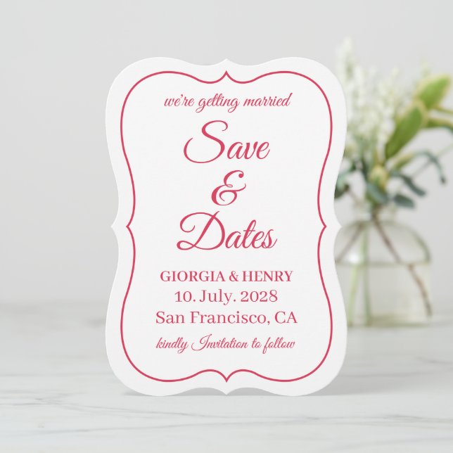 STYLISH SIMPLE MODERN MINIMLIST WHITE & WARM RED SAVE THE DATE (Standing Front)