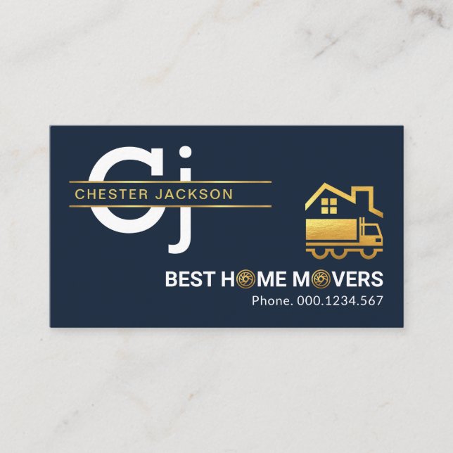 Stylish Simple Monogram Gold Lines Home Mover Business Card (Front)