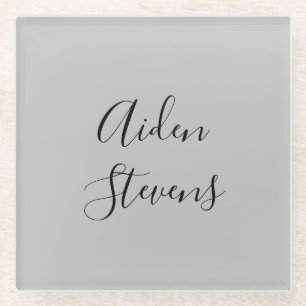 Stylish Simple Plain Grey Minimalist Calligraphy Glass Coaster