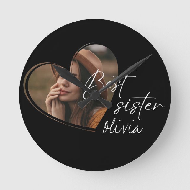 Stylish Sister Photo Elegant Modern Black Round Clock (Front)