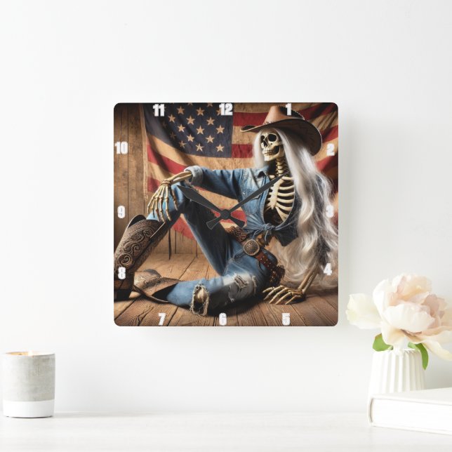 Stylish Skeleton in Western Attire American Flag  Square Wall Clock (Home)