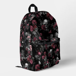Stylish Skull Rose Owl Burgundy Pink Gothic Printed Backpack