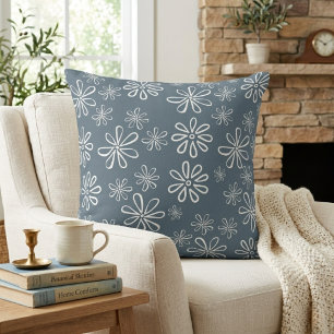 Stylish Slate Blue and White Floral Cushion