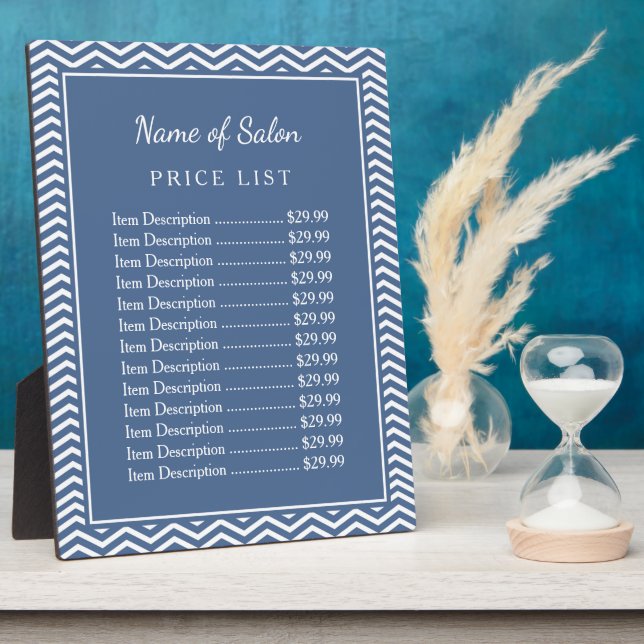 Stylish Slate Blue Chevron Beauty Salon Price List Plaque (Side)