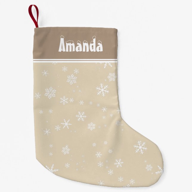 Stylish Snowflakes Beige Festive Personalizable Small Christmas Stocking (Front)