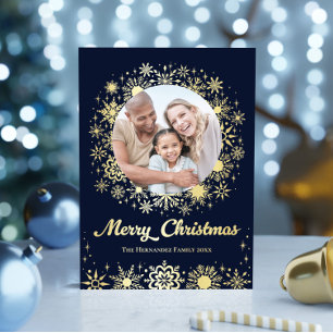 Stylish Snowflakes Navy Photo Family Christmas Foil Holiday Card