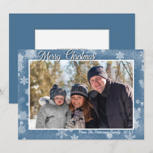 Stylish Snowflakes on Blue Merry Christmas Photo Card