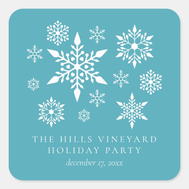Stylish Snowflakes on Turquoise Holiday Party Square Sticker (Front)