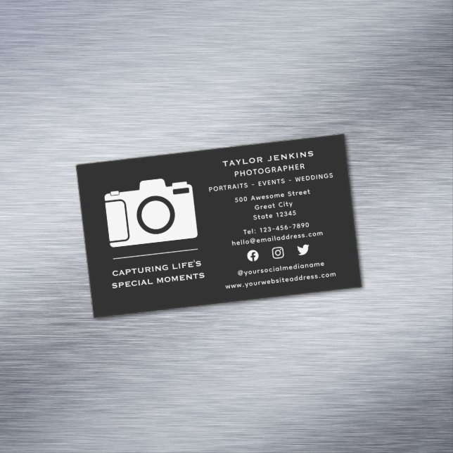 Stylish Social Media Camera Freelance Photographer Magnetic Business Card (In Situ)