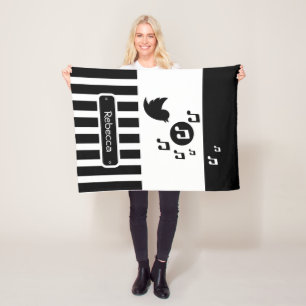 Stylish Songbird Black White Personalised Stripes Fleece Blanket