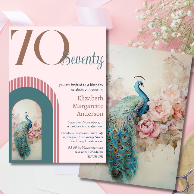 Stylish Sophisticated Blush Pink Peacock Birthday Invitation (Creator Uploaded)
