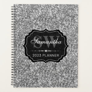 Stylish Sparkly Silver Faux Glitter Monogram Planner