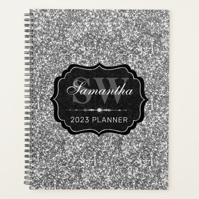 Stylish Sparkly Silver Faux Glitter Monogram Planner (Front)