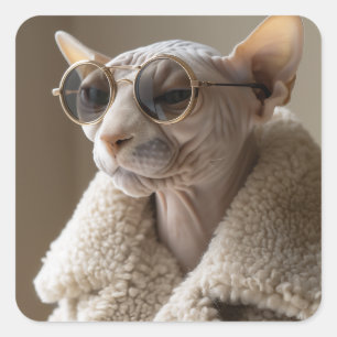 Stylish Sphynx Cat in Sunglasses and Sherpa Coat Square Sticker