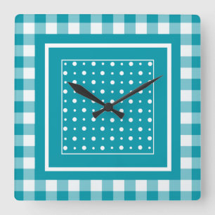 Stylish Square Wall Clock, Teal Check Gingham Clock