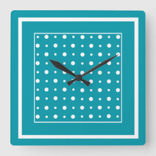Stylish Square Wall Clock White Polka Dots on Teal