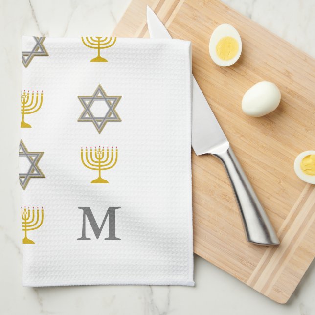  Stylish Star of David Menorah Jewish Monogram Tea Towel (Quarter Fold)