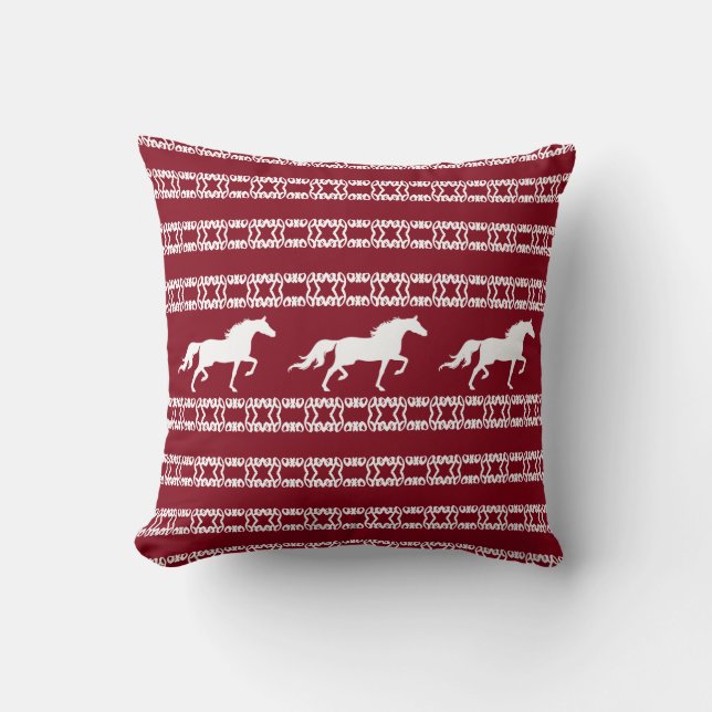 Stylish star pattern & horses in burgundy & white cushion (Front)