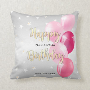 Stylish Starry Happy Birthday and Pink Balloons Cushion