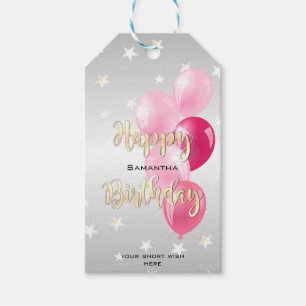 Stylish Starry Happy Birthday and Pink Balloons Gift Tags
