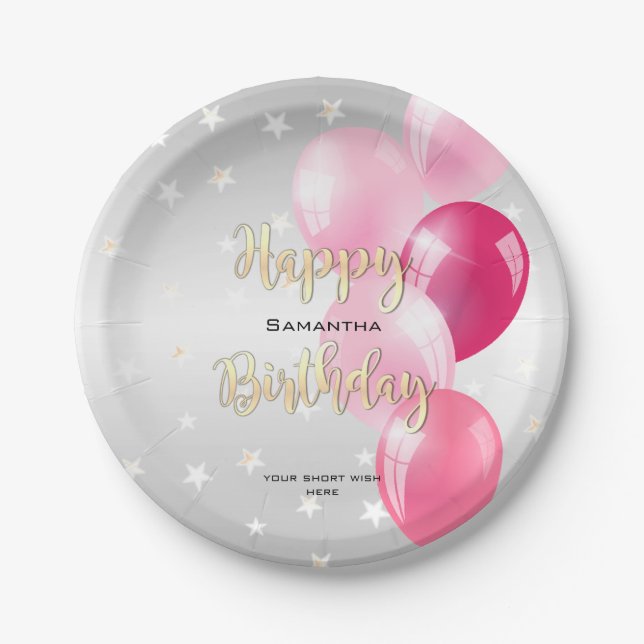 Stylish Starry Happy Birthday and Pink Balloons Paper Plate (Front)
