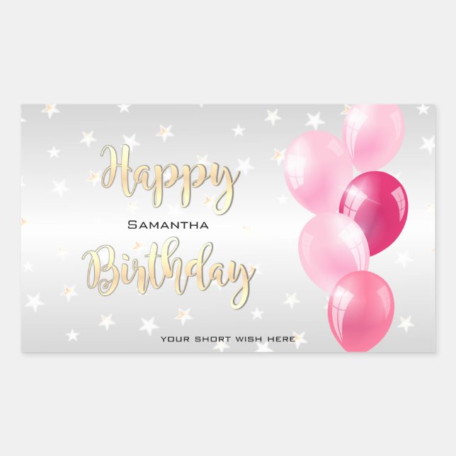 Stylish Starry Happy Birthday and Pink Balloons Rectangular Sticker (Front)