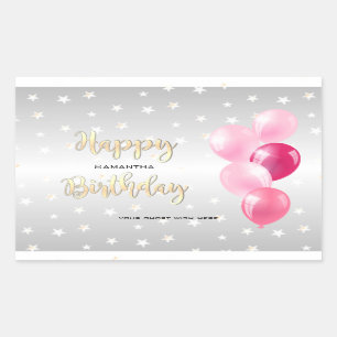 Stylish Starry Happy Birthday and Pink Balloons Rectangular Sticker