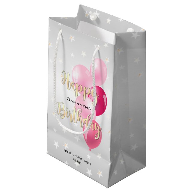 Stylish Starry Happy Birthday and Pink Balloons Small Gift Bag (Front Angled)