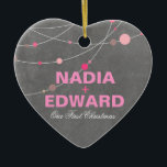 Stylish Strands | chalkboard pink Photo Ceramic Ornament<br><div class="desc">Add your fave photo to this pretty, chalkboard "Stylish Strands" Christmas tree ornament. Easy to personalise with your details, simply use the orange "Customise It" button above to insert your own text. There are matching products available for this collection: wedding invitations, envelopes, menus, stickers, RSVP cards, bridal planner journals, ornament...</div>