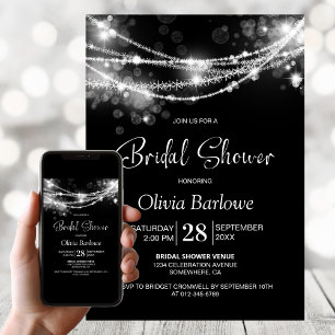 Stylish String Lights Black Bridal Shower Invitation