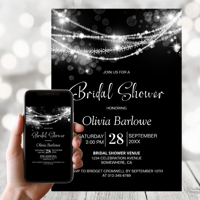 Stylish String Lights Black Bridal Shower Invitation (Creator Uploaded)