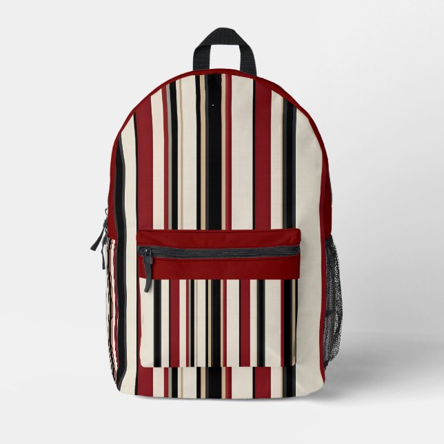 Stylish Striped Black Red Cream  Printed Backpack (Front)