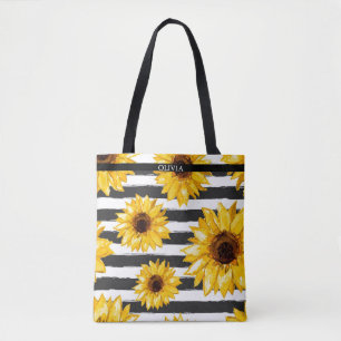 Stylish Striped Sunflower Floral Tote Bag